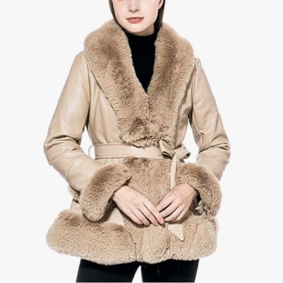 Leather Fur Lined Belted Jacket - Picture 2 of 3